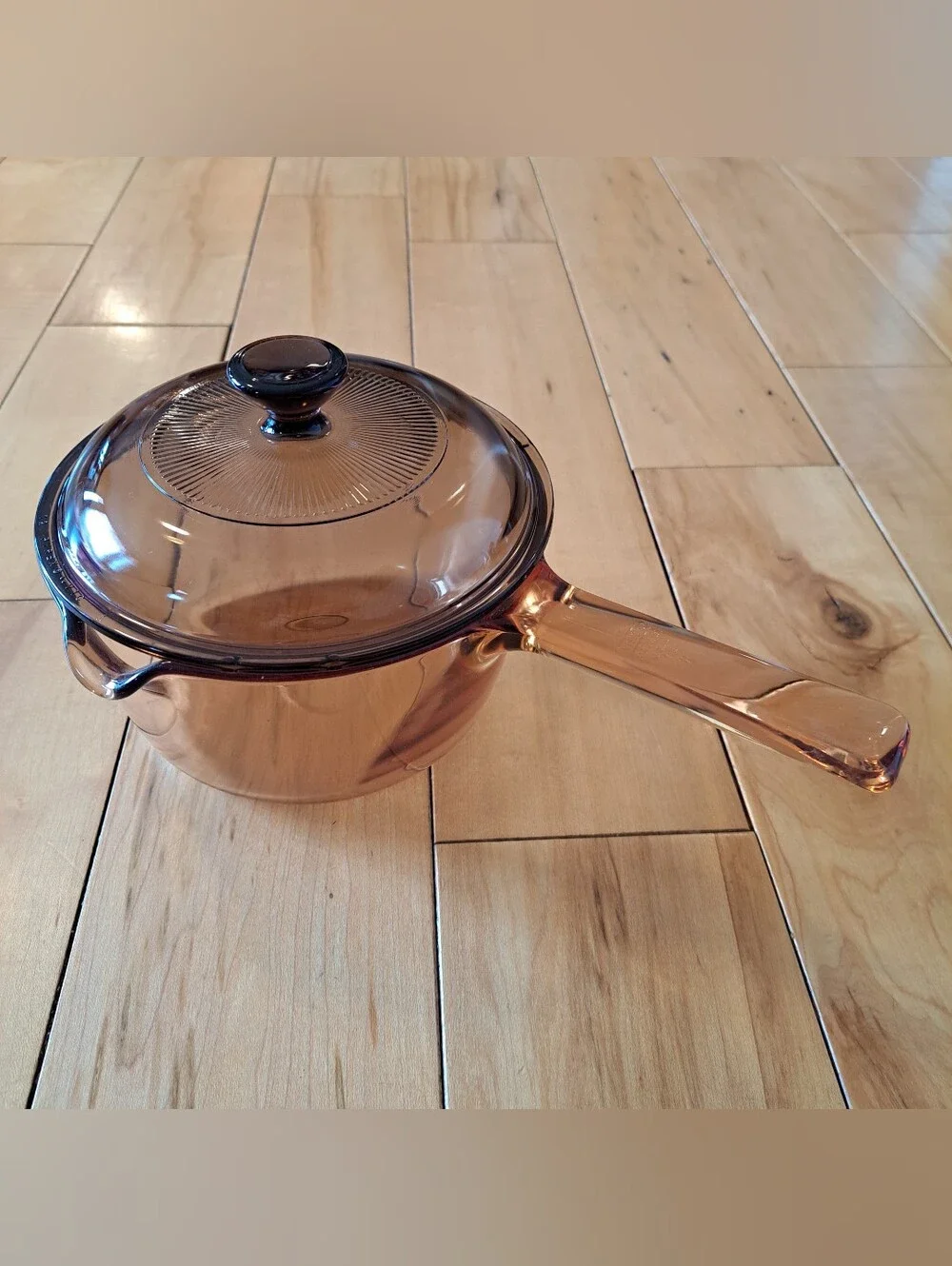 PYREX VISION Corning Ware Amber Glass Sauce Pan 1 L Cookware Pot Pour w/ Lid USA